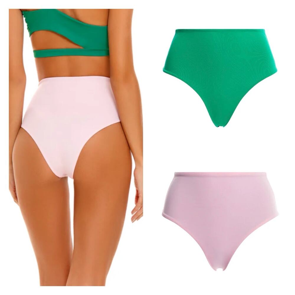 Agua Bendita Alicia Reversible Bikini Bottom Pink Green High Waisted Size Small
